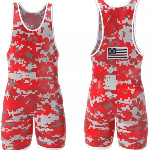 Red color camo sublimation printing pro mens USA Flag wrestling singlet