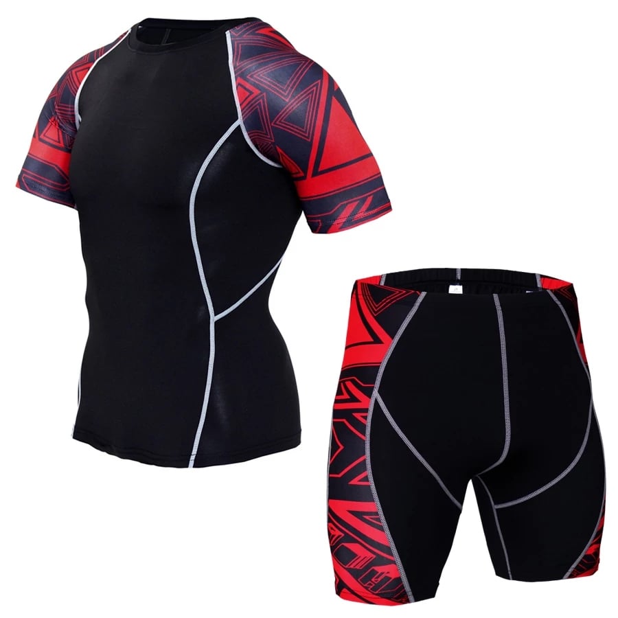 Men's Workout Set Compression t shirts and compression shorts for gym fitness - 图片 2