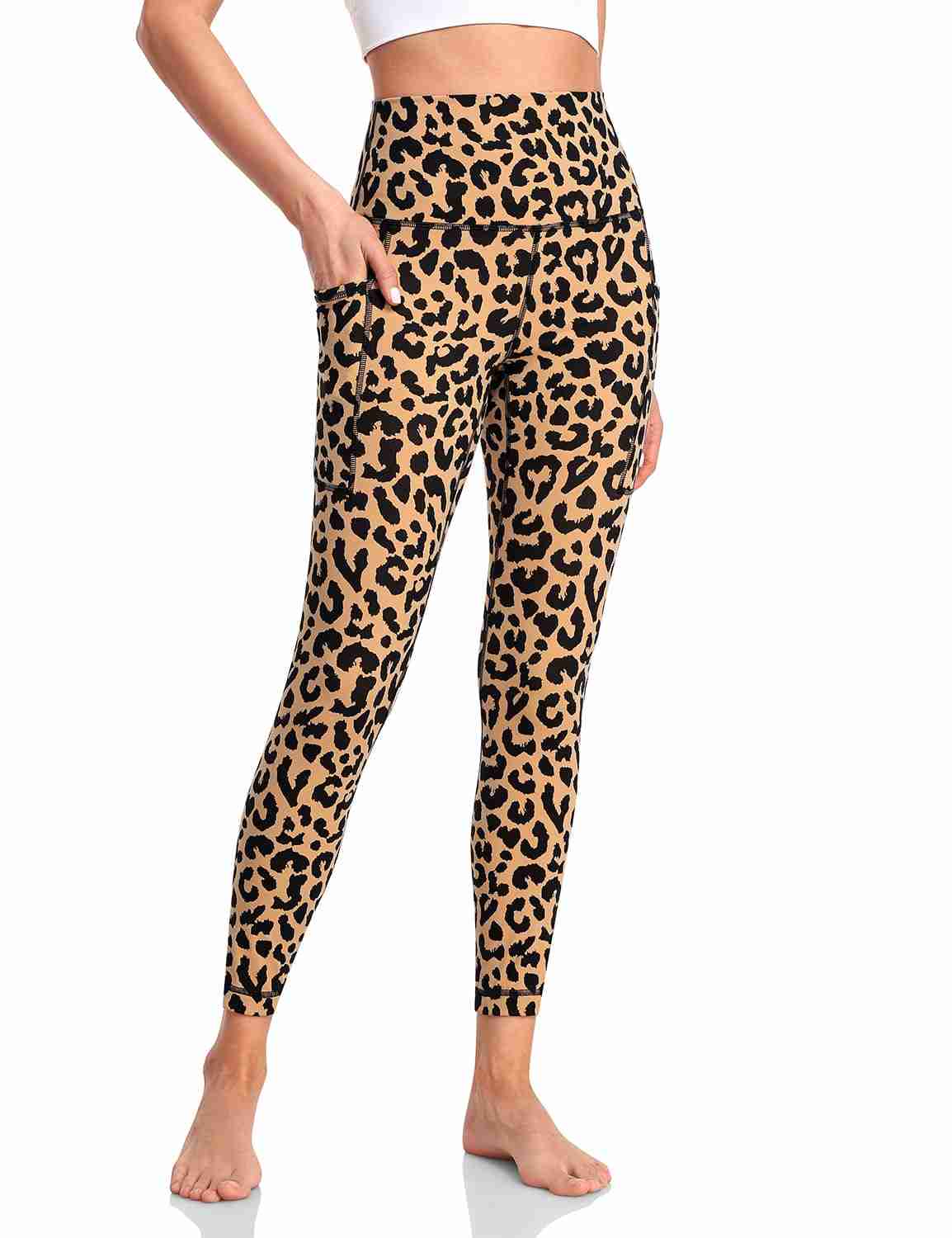 Leggings with Pockets for Women Leopard Print High Waisted Leggings Tummy Control Compression Workout Soft Pants