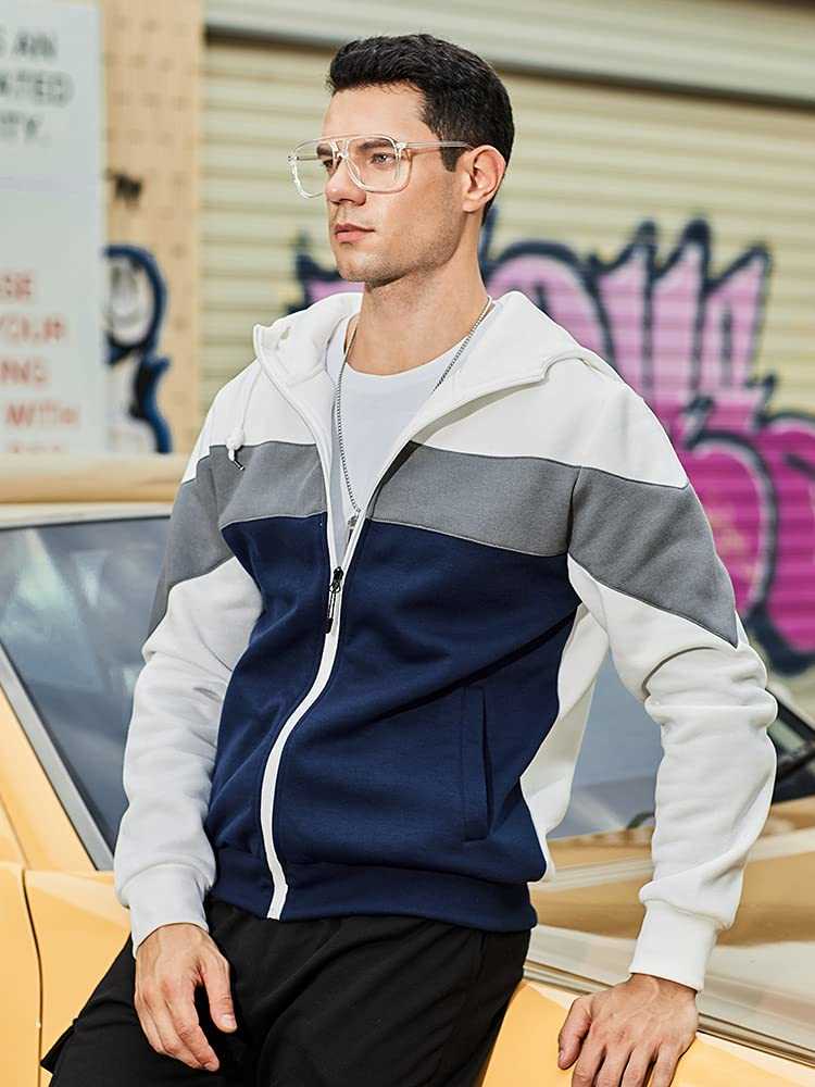 Men's Color Block Zip Up Hoodies Sports Soft Blend Fleece Hooded Sweatshirts - 图片 2