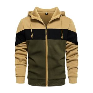 Slim Fit Long Sleeve Zip-up Fleece Hoodie Color Block Sweatshirt with Kanga Pocket for Men