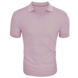 Ribbed Knit Short Sleeve Casual Polo Shirt Solid Collared V Neck Stretch Slim Fit Golf T Shirt
