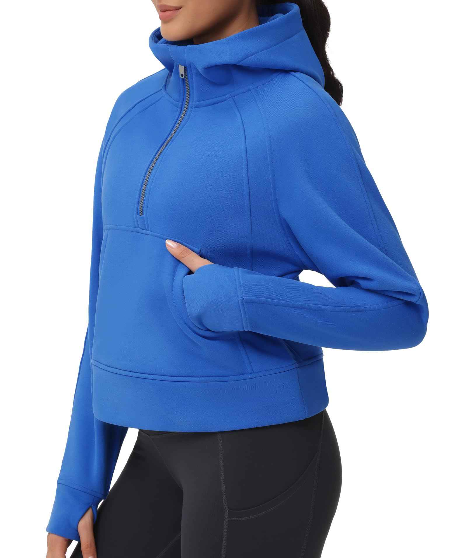 Womens' Hoodies Half Zip Long Sleeve Fleece Crop Pullover Sweatshirts with Pockets Thumb Hole - 图片 4