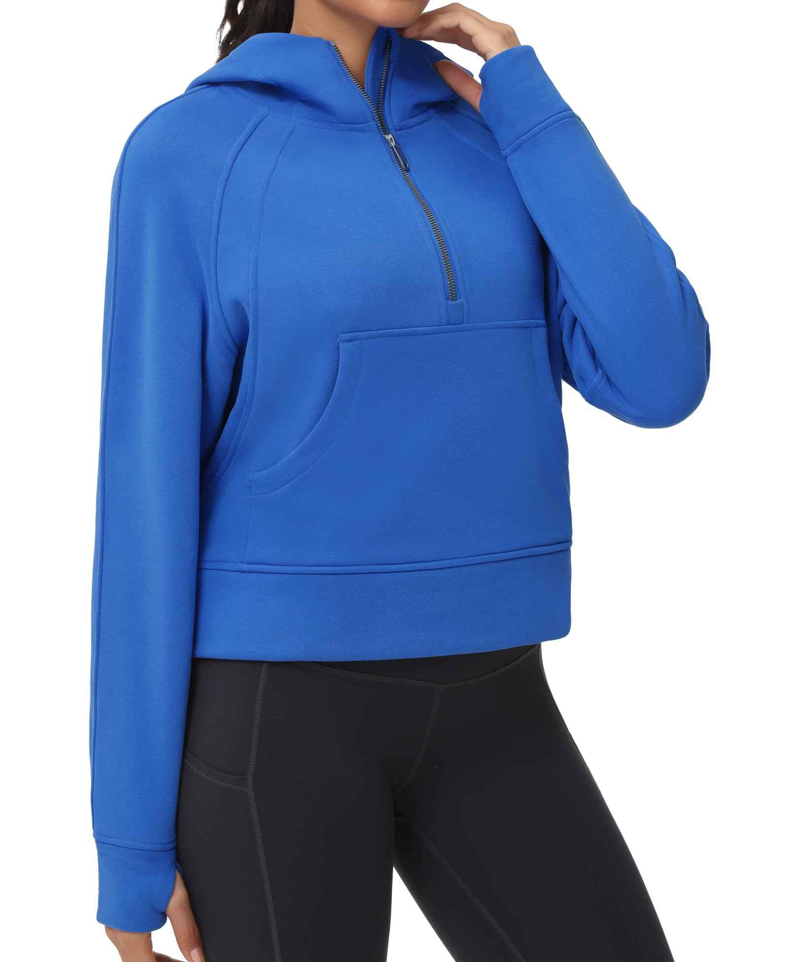 Womens' Hoodies Half Zip Long Sleeve Fleece Crop Pullover Sweatshirts with Pockets Thumb Hole - 图片 2