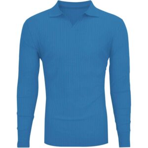 Men's Muscle V Neck Polo Shirts Slim Fit Long Sleeve Golf T-Shirts Ribbed Knit Soft Tees