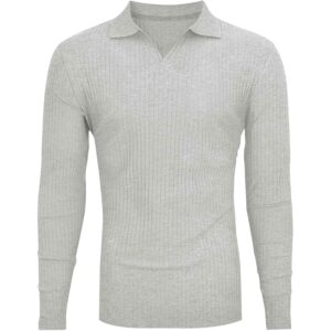 Men's Polo Long Sleeve Knitted Slim Fit Pullover V Neck Casual Striped Tops